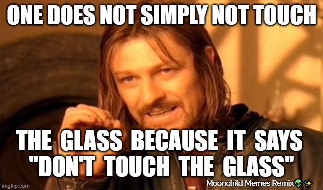 Touch The Glass | ONE DOES NOT SIMPLY NOT TOUCH; THE  GLASS  BECAUSE  IT  SAYS 
"DON'T  TOUCH  THE  GLASS"; Moonchild Memes Remix👽✨ | image tagged in memes,one does not simply,touch the glass,moonchild memes | made w/ Imgflip meme maker