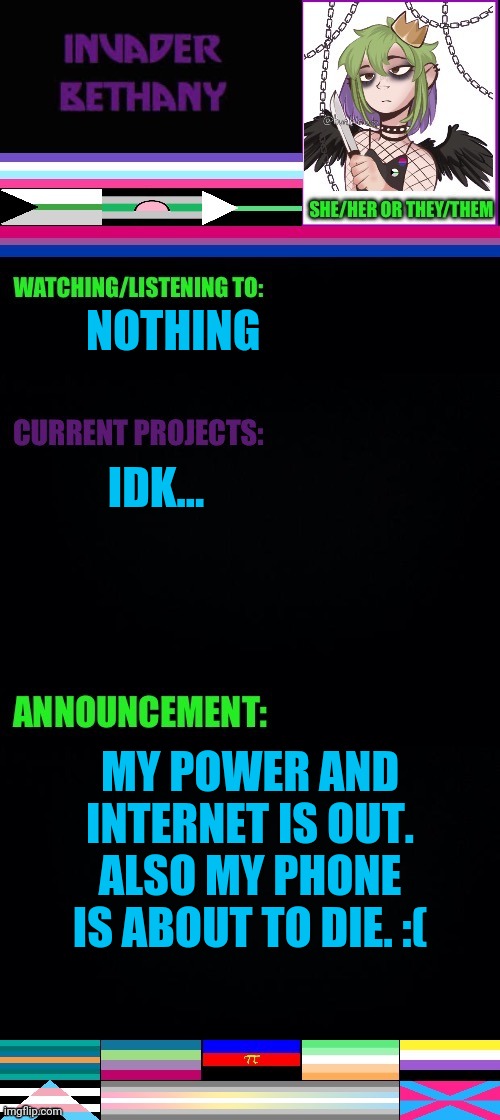 Update: power is out. | IDK... NOTHING; MY POWER AND INTERNET IS OUT. ALSO MY PHONE IS ABOUT TO DIE. :( | image tagged in update,announcement,power is out,internet,sighs | made w/ Imgflip meme maker