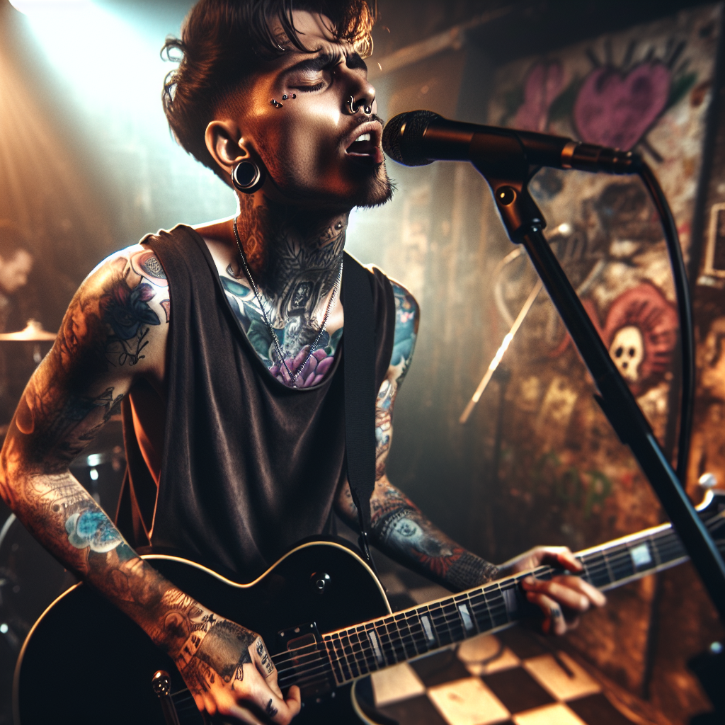 High Quality Tattooed young man plays guitar and sings into microphone Blank Meme Template