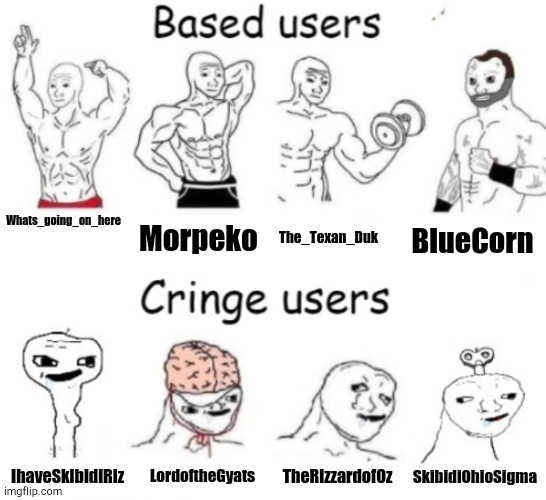 Based v. Cringe | Whats_going_on_here; Morpeko; The_Texan_Duk; BlueCorn; TheRizzardofOz; LordoftheGyats; SkibidiOhioSigma; IhaveSkibidiRiz | image tagged in based users v s cringe users | made w/ Imgflip meme maker
