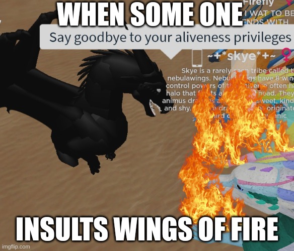 Cursed Roblox image | WHEN SOME ONE; INSULTS WINGS OF FIRE | image tagged in cursed roblox image | made w/ Imgflip meme maker