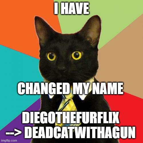 brazilian | I HAVE; CHANGED MY NAME; DIEGOTHEFURFLIX --> DEADCATWITHAGUN | image tagged in memes,business cat | made w/ Imgflip meme maker