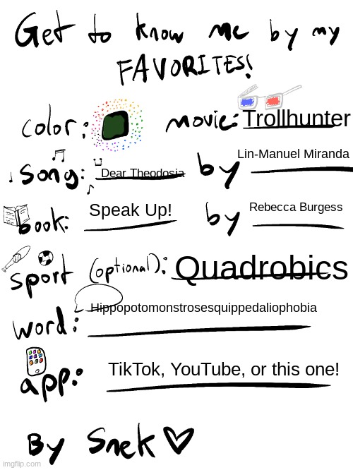 get to know me by my favorites | Trollhunter; Lin-Manuel Miranda; Dear Theodosia; Rebecca Burgess; Speak Up! Quadrobics; Hippopotomonstrosesquippedaliophobia; TikTok, YouTube, or this one! | image tagged in get to know me by my favorites | made w/ Imgflip meme maker