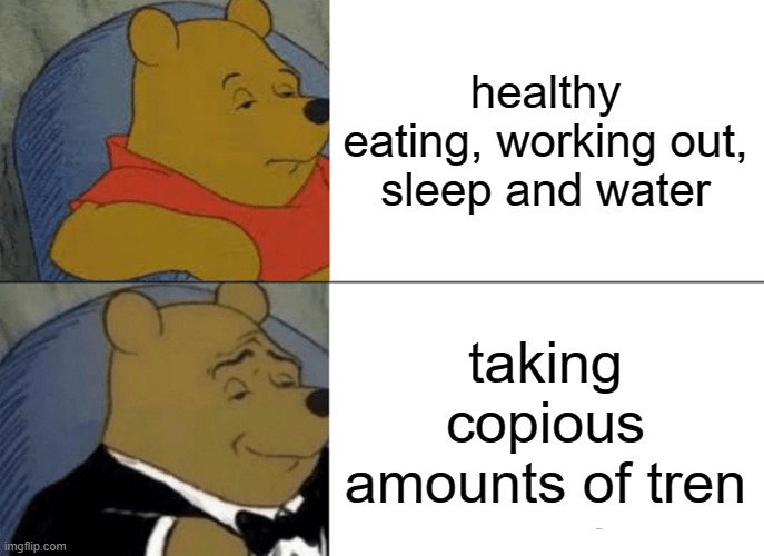 Tuxedo Winnie The Pooh Meme | healthy eating, working out, sleep and water; taking copious amounts of tren | image tagged in memes,tuxedo winnie the pooh | made w/ Imgflip meme maker