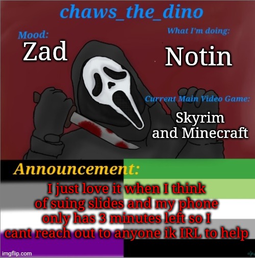 Parental controls go brrrrrrrrr. (TW: suicide mentions) | Notin; Zad; Skyrim and Minecraft; I just love it when I think of suing slides and my phone only has 3 minutes left so I cant reach out to anyone ik IRL to help | image tagged in chaws_the_dino announcement temp | made w/ Imgflip meme maker