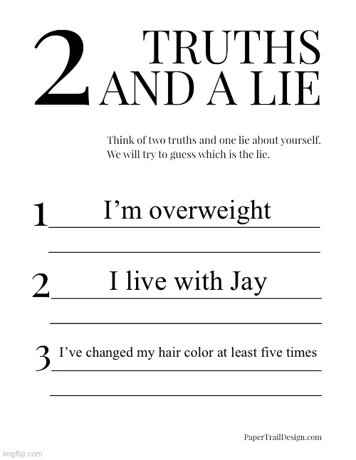 Trend from earlier today that Jay made me do -Clo | I’m overweight; I live with Jay; I’ve changed my hair color at least five times | image tagged in 2 truths and a lie | made w/ Imgflip meme maker
