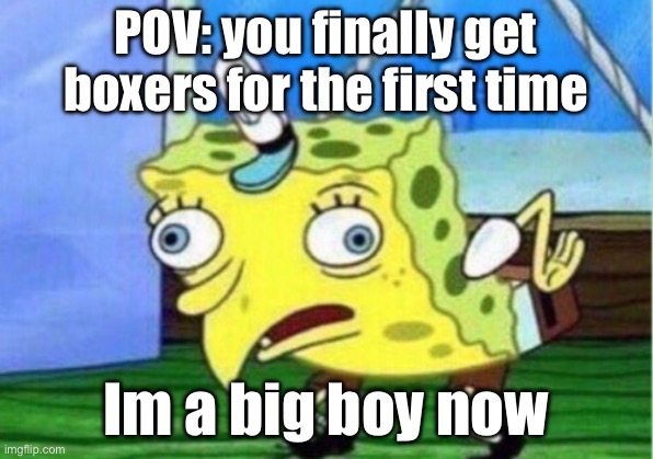 Im a big MAN | POV: you finally get boxers for the first time; Im a big boy now | image tagged in memes,mocking spongebob | made w/ Imgflip meme maker