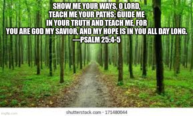SHOW ME YOUR WAYS, O LORD, TEACH ME YOUR PATHS; GUIDE ME IN YOUR TRUTH AND TEACH ME, FOR YOU ARE GOD MY SAVIOR, AND MY HOPE IS IN YOU ALL DAY LONG.
—PSALM 25:4-5 | made w/ Imgflip meme maker