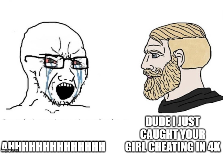 Soyboy Vs Yes Chad | DUDE I JUST CAUGHT YOUR GIRL CHEATING IN 4K; AHHHHHHHHHHHHHH | image tagged in soyboy vs yes chad | made w/ Imgflip meme maker