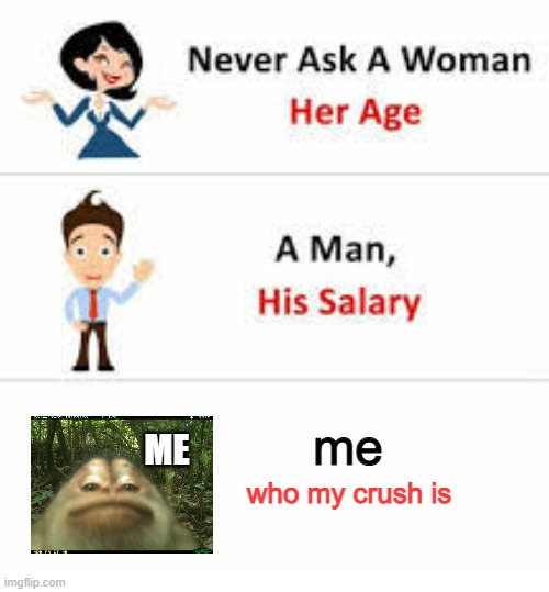 monkey butt | me; ME; who my crush is | image tagged in never ask a woman her age | made w/ Imgflip meme maker