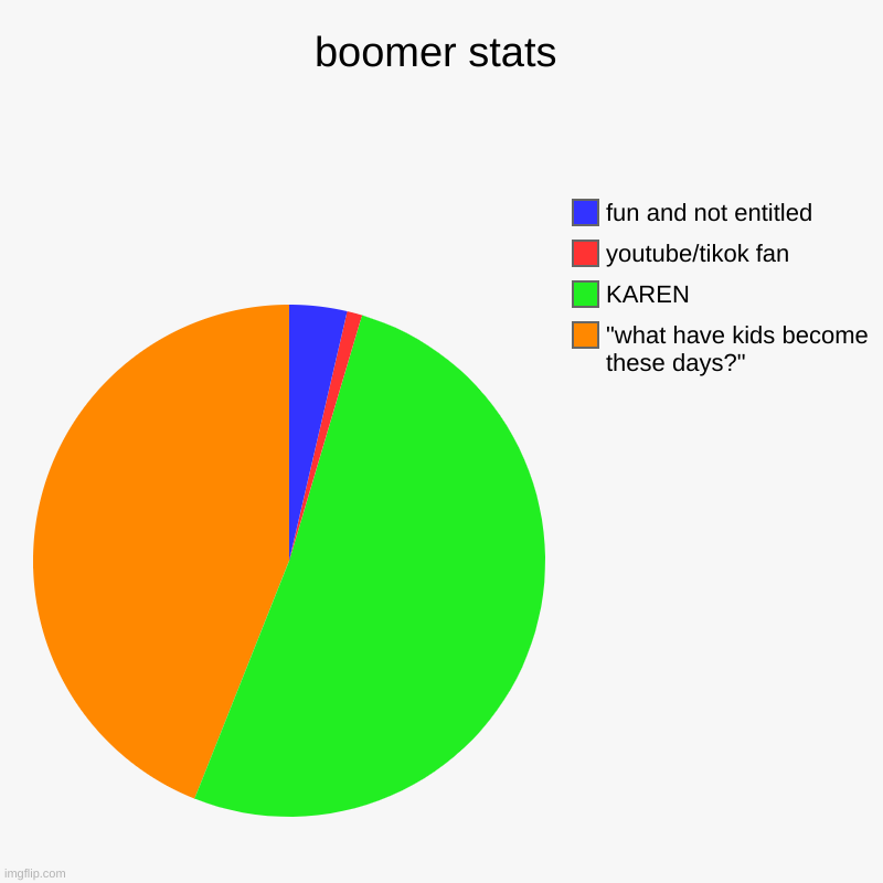 bommer stats | boomer stats | "what have kids become these days?", KAREN, youtube/tikok fan, fun and not entitled | image tagged in charts,pie charts,memes,funny | made w/ Imgflip chart maker