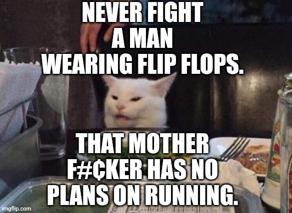 Smudge that darn cat | NEVER FIGHT A MAN WEARING FLIP FLOPS. THAT MOTHER F#¢KER HAS NO PLANS ON RUNNING. | image tagged in smudge that darn cat | made w/ Imgflip meme maker