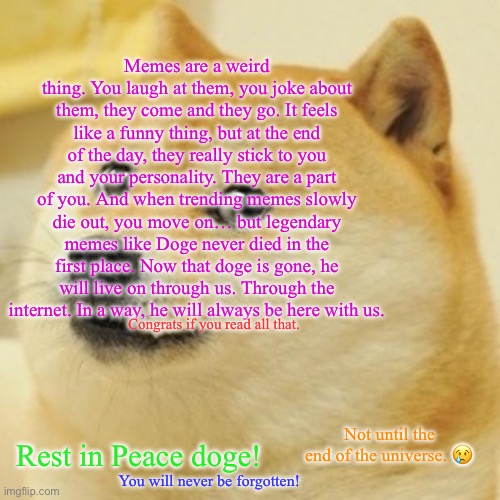 Doge Meme | Memes are a weird thing. You laugh at them, you joke about them, they come and they go. It feels like a funny thing, but at the end of the day, they really stick to you and your personality. They are a part of you. And when trending memes slowly die out, you move on… but legendary memes like Doge never died in the first place. Now that doge is gone, he will live on through us. Through the internet. In a way, he will always be here with us. Congrats if you read all that. Not until the end of the universe. 😢; Rest in Peace doge! You will never be forgotten! | image tagged in memes,doge | made w/ Imgflip meme maker