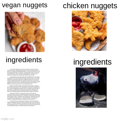 chicken nugget | vegan nuggets; chicken nuggets; ingredients; ingredients | made w/ Imgflip meme maker