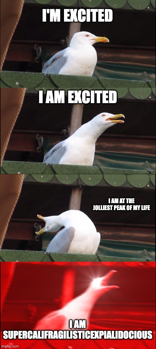 Inhaling Seagull | I'M EXCITED; I AM EXCITED; I AM AT THE JOLLIEST PEAK OF MY LIFE; I AM SUPERCALIFRAGILISTICEXPIALIDOCIOUS | image tagged in memes,inhaling seagull | made w/ Imgflip meme maker
