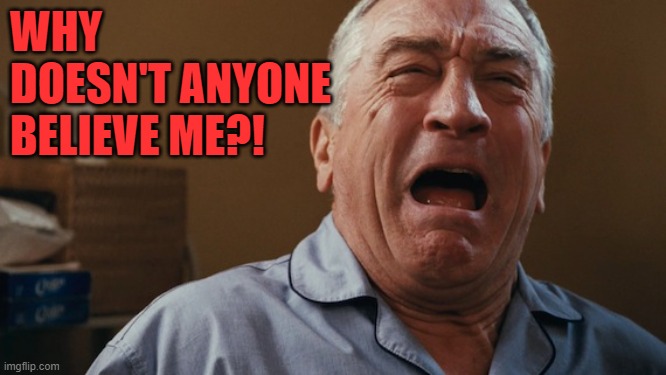 Crying Robert De Niro | WHY DOESN'T ANYONE BELIEVE ME?! | image tagged in crying robert de niro | made w/ Imgflip meme maker