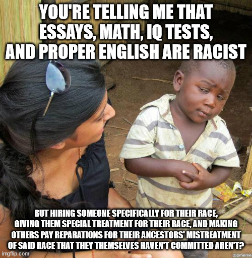 black kid | YOU'RE TELLING ME THAT ESSAYS, MATH, IQ TESTS, AND PROPER ENGLISH ARE RACIST; BUT HIRING SOMEONE SPECIFICALLY FOR THEIR RACE, GIVING THEM SPECIAL TREATMENT FOR THEIR RACE, AND MAKING OTHERS PAY REPARATIONS FOR THEIR ANCESTORS' MISTREATMENT OF SAID RACE THAT THEY THEMSELVES HAVEN'T COMMITTED AREN'T? | image tagged in black kid | made w/ Imgflip meme maker