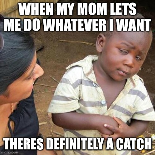 Third World Skeptical Kid | WHEN MY MOM LETS ME DO WHATEVER I WANT; THERES DEFINITELY A CATCH | image tagged in memes,third world skeptical kid | made w/ Imgflip meme maker