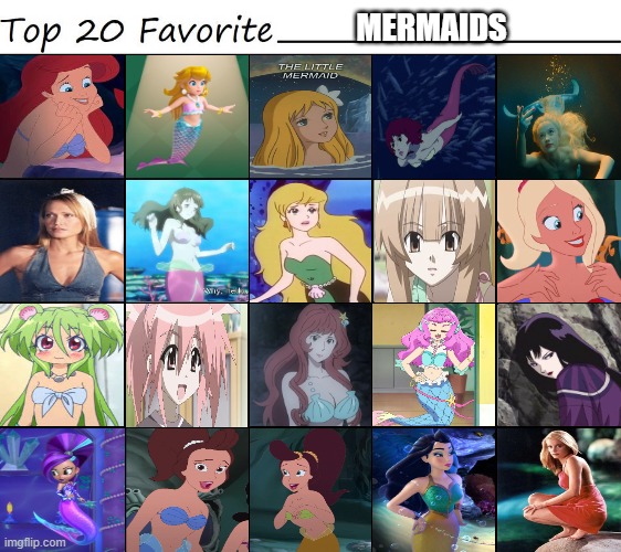 top 20 favorite mermaids | MERMAIDS | image tagged in top 20 favorite,mermaid,the little mermaid,movies,anime,cartoons | made w/ Imgflip meme maker