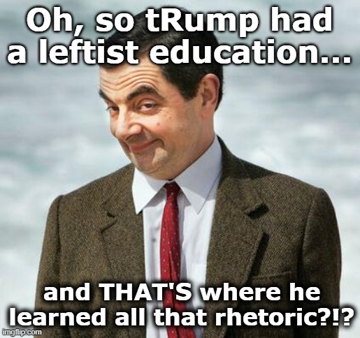 mr bean | Oh, so tRump had a leftist education... and THAT'S where he learned all that rhetoric?!? | image tagged in mr bean | made w/ Imgflip meme maker