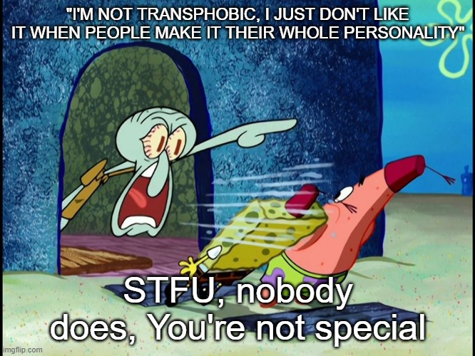 Squidward Screaming | "I'M NOT TRANSPHOBIC, I JUST DON'T LIKE IT WHEN PEOPLE MAKE IT THEIR WHOLE PERSONALITY"; STFU, nobody does, You're not special | image tagged in squidward screaming | made w/ Imgflip meme maker