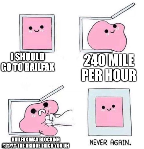 that why | I SHOULD GO TO HAILFAX; 240 MILE PER HOUR; HAILFAX WAS BLOCKING CROSS THE BRIDGE FRICK YOU UH | image tagged in never again | made w/ Imgflip meme maker
