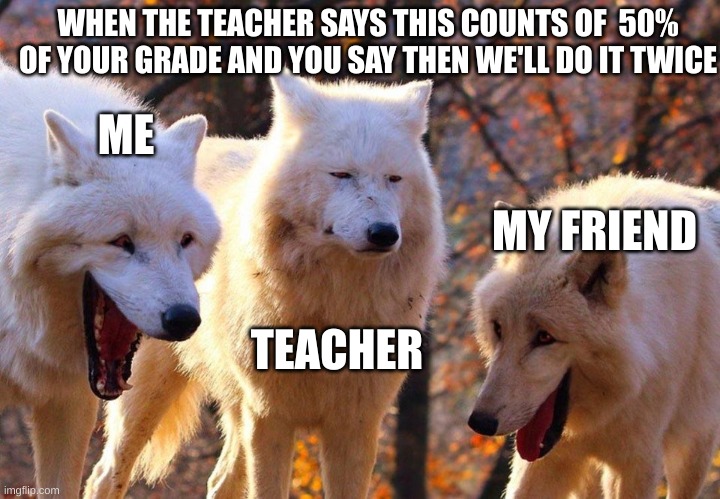 2/3 wolves laugh | WHEN THE TEACHER SAYS THIS COUNTS OF  50% OF YOUR GRADE AND YOU SAY THEN WE'LL DO IT TWICE; ME; MY FRIEND; TEACHER | image tagged in 2/3 wolves laugh | made w/ Imgflip meme maker