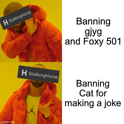 Drake Hotline Bling Meme | Banning gjyg and Foxy 501; Banning Cat for making a joke | image tagged in memes,drake hotline bling | made w/ Imgflip meme maker
