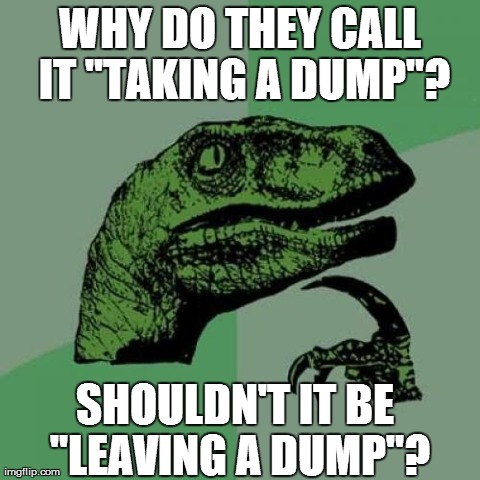 I wonder.... | WHY DO THEY CALL IT "TAKING A DUMP"? SHOULDN'T IT BE "LEAVING A DUMP"? | image tagged in memes,philosoraptor | made w/ Imgflip meme maker