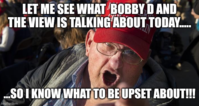 Lwt is see what the libs are saying.....the MAGA jis doesnt light an inspirational fire any more... | LET ME SEE WHAT  BOBBY D AND THE VIEW IS TALKING ABOUT TODAY..... ...SO I KNOW WHAT TO BE UPSET ABOUT!!! | image tagged in maga yelling | made w/ Imgflip meme maker