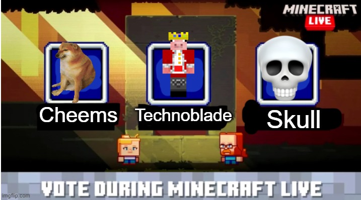 they died | Cheems; Skull; Technoblade | image tagged in minecraft mob vote | made w/ Imgflip meme maker