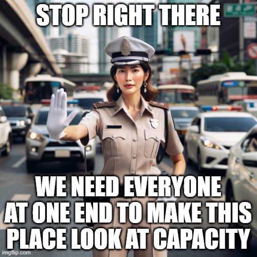 STOP RIGHT THERE WE NEED EVERYONE AT ONE END TO MAKE THIS PLACE LOOK AT CAPACITY | image tagged in traffic cop directing traffic | made w/ Imgflip meme maker