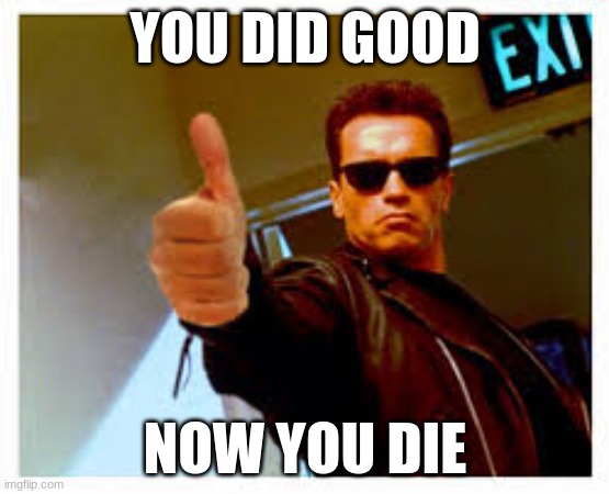 Good Termination | YOU DID GOOD; NOW YOU DIE | image tagged in you can do it,terminator | made w/ Imgflip meme maker