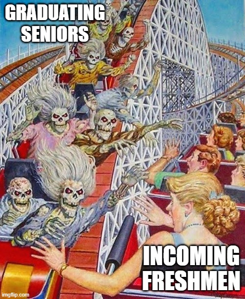 High School be like | GRADUATING SENIORS; INCOMING FRESHMEN | image tagged in skeleton rollercoaster high five | made w/ Imgflip meme maker