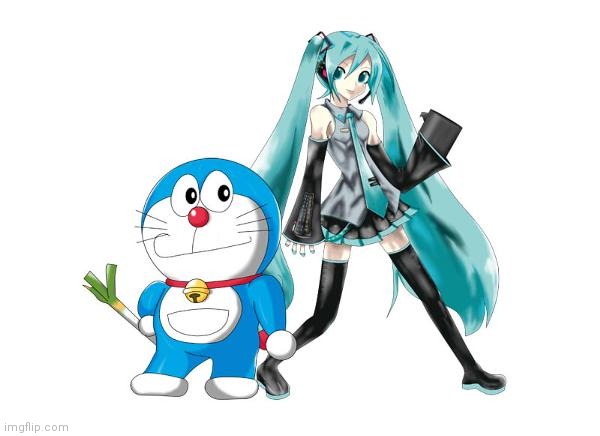 Doraemon and Hatsune Miku team | image tagged in doraemon,hatsune miku,vocaloid,anime,miku,teamwork | made w/ Imgflip meme maker