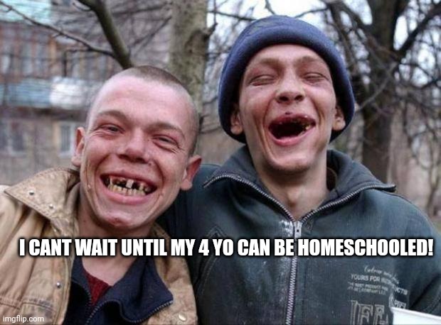 No teeth | I CANT WAIT UNTIL MY 4 YO CAN BE HOMESCHOOLED! | image tagged in no teeth | made w/ Imgflip meme maker