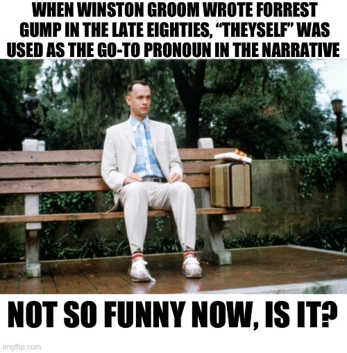 Forrest Gump | WHEN WINSTON GROOM WROTE FORREST GUMP IN THE LATE EIGHTIES, “THEYSELF” WAS USED AS THE GO-TO PRONOUN IN THE NARRATIVE; NOT SO FUNNY NOW, IS IT? | image tagged in forrest gump | made w/ Imgflip meme maker