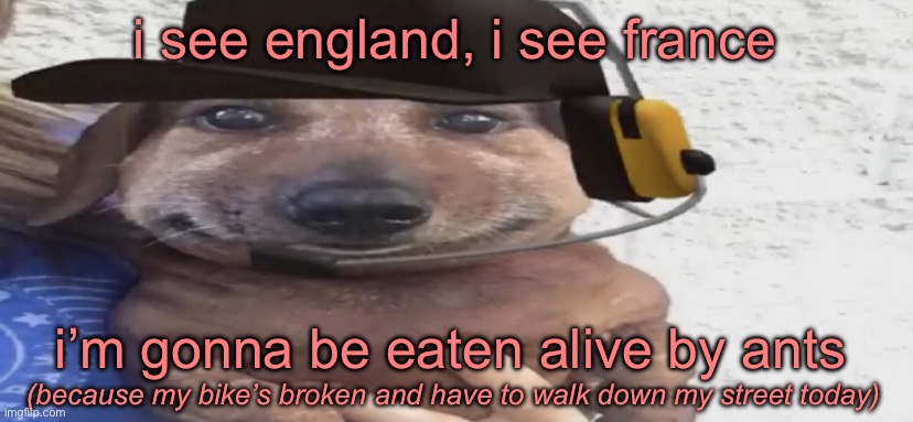 chucklenuts | i see england, i see france; i’m gonna be eaten alive by ants; (because my bike’s broken and have to walk down my street today) | image tagged in chucklenuts | made w/ Imgflip meme maker