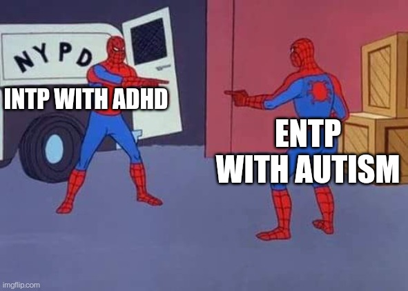 Spiderman mirror | INTP WITH ADHD; ENTP WITH AUTISM | image tagged in spiderman mirror | made w/ Imgflip meme maker