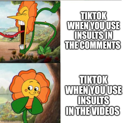 Seriously TikTok?? | TIKTOK WHEN YOU USE INSULTS IN THE COMMENTS; TIKTOK WHEN YOU USE INSULTS IN THE VIDEOS | image tagged in cuphead flower,tiktok,cuphead,insults,memes | made w/ Imgflip meme maker