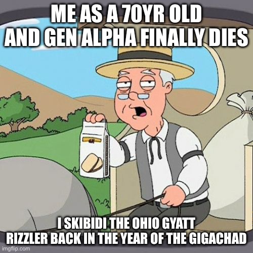 Pepperidge Farm Remembers | ME AS A 70YR OLD AND GEN ALPHA FINALLY DIES; I SKIBIDI THE OHIO GYATT RIZZLER BACK IN THE YEAR OF THE GIGACHAD | image tagged in memes,pepperidge farm remembers | made w/ Imgflip meme maker