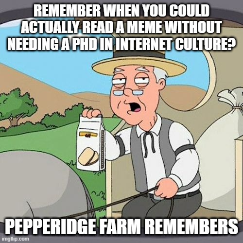 Pepperidge Farm Remembers | REMEMBER WHEN YOU COULD ACTUALLY READ A MEME WITHOUT NEEDING A PHD IN INTERNET CULTURE? PEPPERIDGE FARM REMEMBERS | image tagged in memes,pepperidge farm remembers | made w/ Imgflip meme maker