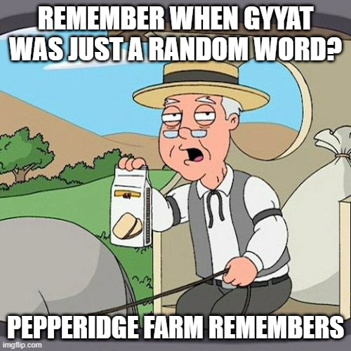 Pepperidge Farm Remembers | REMEMBER WHEN GYYAT WAS JUST A RANDOM WORD? PEPPERIDGE FARM REMEMBERS | image tagged in memes,pepperidge farm remembers | made w/ Imgflip meme maker