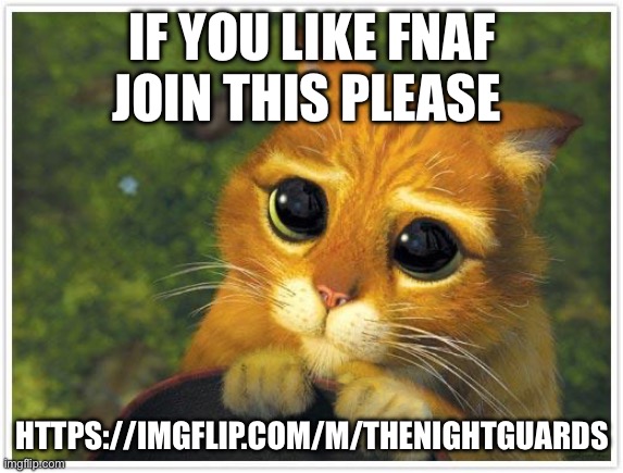 Shrek Cat Meme | IF YOU LIKE FNAF JOIN THIS PLEASE; HTTPS://IMGFLIP.COM/M/THENIGHTGUARDS | image tagged in memes,shrek cat | made w/ Imgflip meme maker