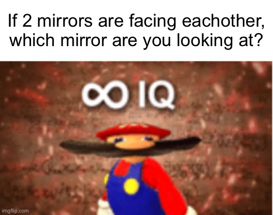 Which one? | If 2 mirrors are facing eachother, which mirror are you looking at? | image tagged in infinite iq,memes | made w/ Imgflip meme maker