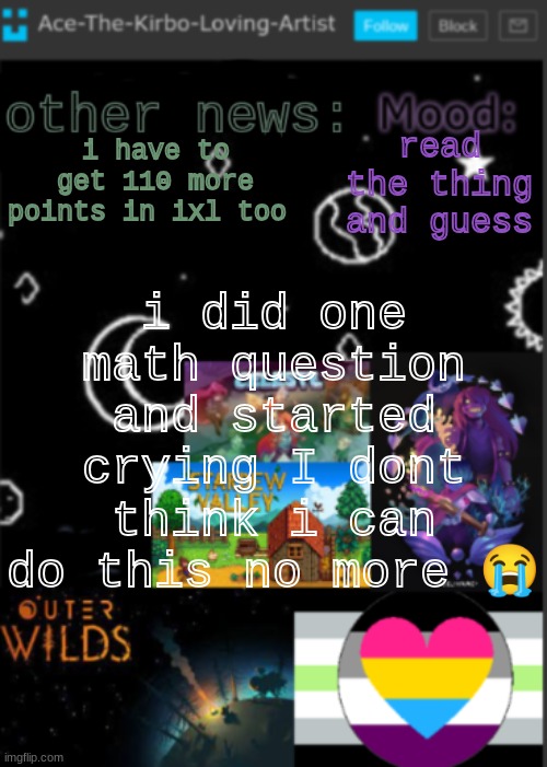 i have 4 weeks to get to 940 (im at 830) so can someone kill me | read the thing and guess; i have to get 110 more points in ixl too; i did one math question and started crying I dont think i can do this no more 😭 | image tagged in put a title here or summ if you see this i didnt add a title | made w/ Imgflip meme maker