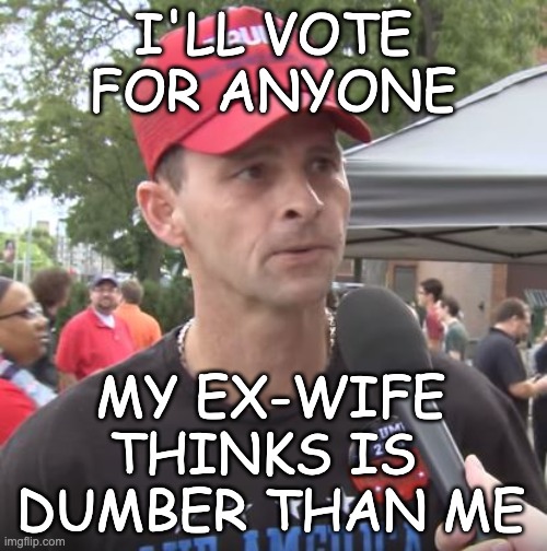 Trump supporter | I'LL VOTE FOR ANYONE MY EX-WIFE
THINKS IS 
DUMBER THAN ME | image tagged in trump supporter | made w/ Imgflip meme maker