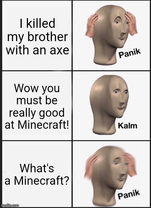 What's a Minecraft? | I killed my brother with an axe; Wow you must be really good at Minecraft! What's a Minecraft? | image tagged in memes,panik kalm panik,minecraft,why are you reading the tags | made w/ Imgflip meme maker
