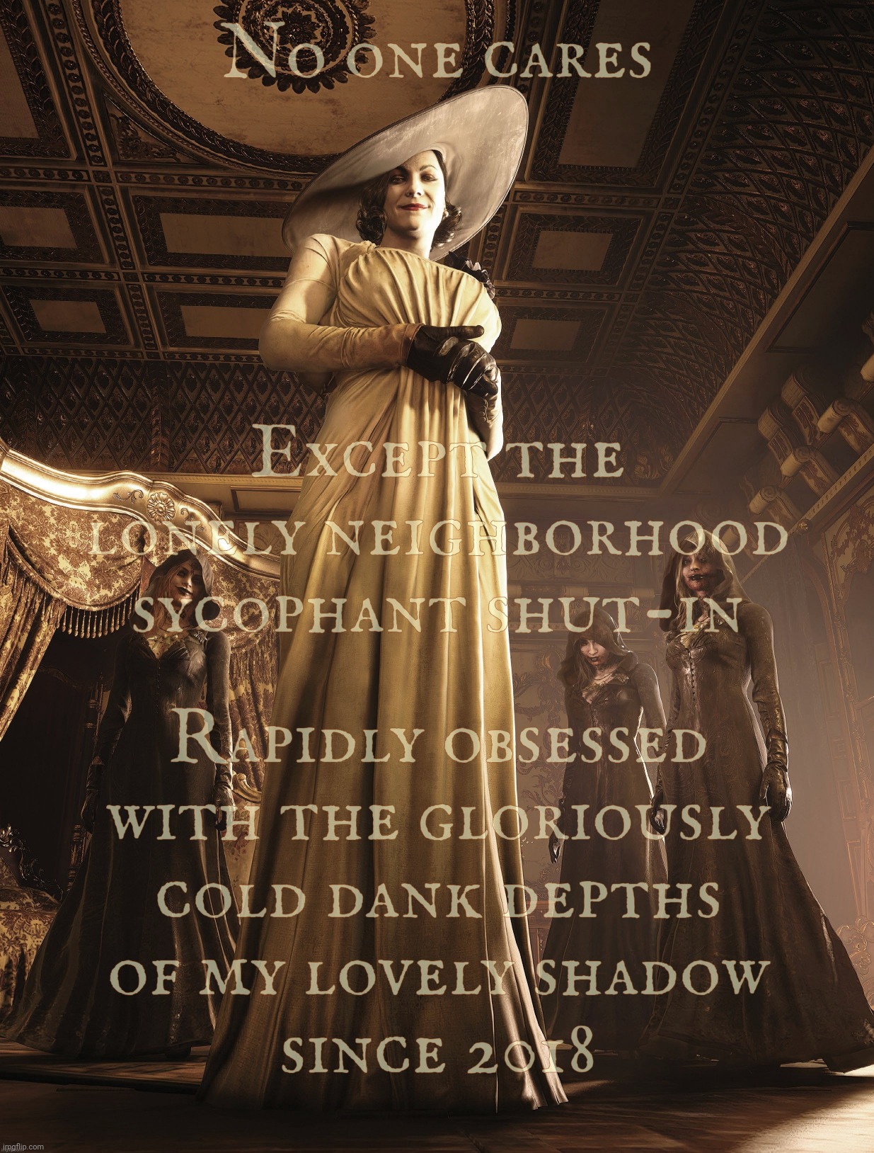 Lady Dimitrescu | No one cares; Except the lonely neighborhood
sycophant shut-in; Rapidly obsessed
with the gloriously
cold dank depths
of my lovely shadow
since 2018 | image tagged in lady dimitrescu | made w/ Imgflip meme maker