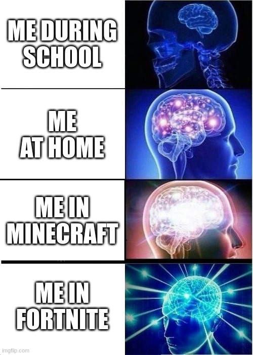 Expanding Brain Meme | ME DURING SCHOOL; ME AT HOME; ME IN MINECRAFT; ME IN FORTNITE | image tagged in memes,expanding brain | made w/ Imgflip meme maker